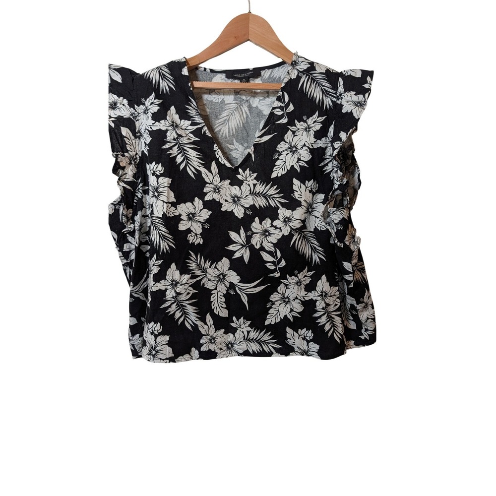 Marc New York Andrew Marc Womens XL Black White Floral Linen Blend Ruffle Blouse